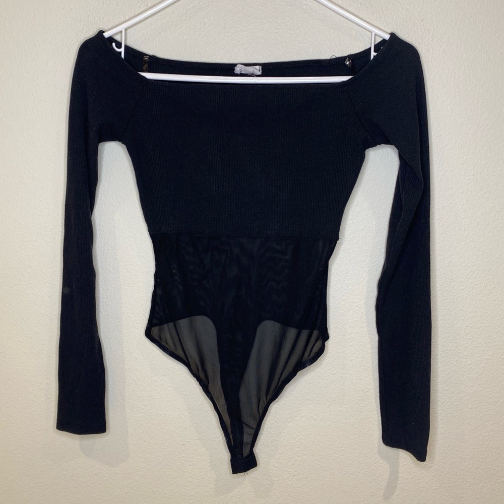 Le Lis black‎ long sleeve ribbed bodysuit with mesh detailing size small